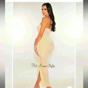 New Nude Ribbed Shimmery Halter Drawstring Slit Maxi Dress.